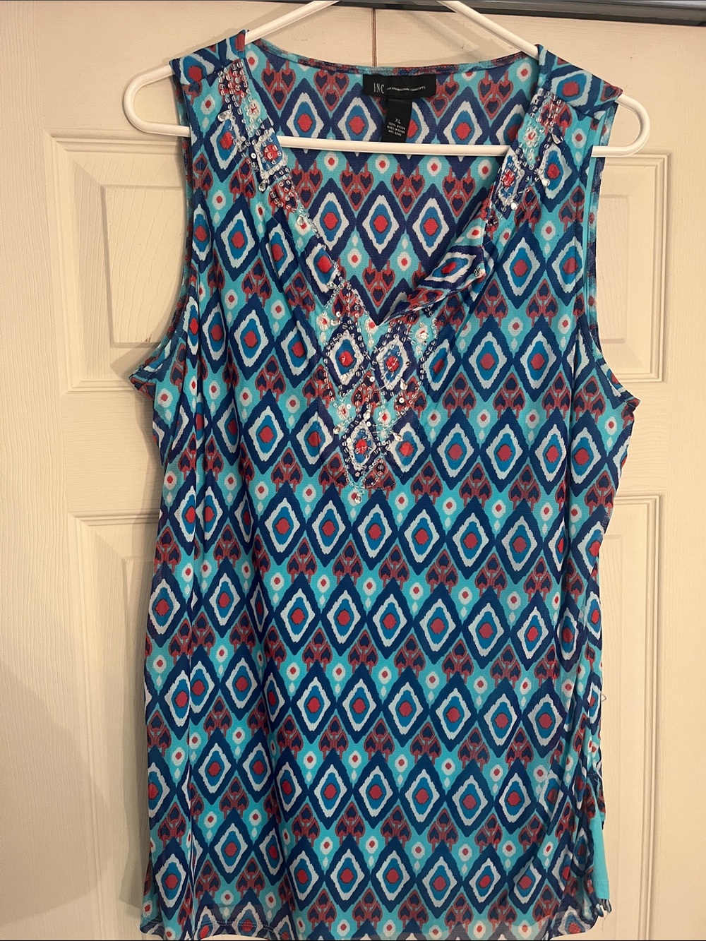 INC International Concepts Turquoise and Navy Geometric Sleeveless Top